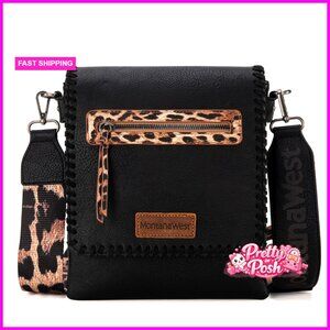 Western Vegan Leather Crossbody Bag with Dual Compartments Adjustable Strap